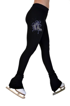 ChloeNoel P622F All Black 3" Waist Band Light Weight Fleece Figure Skating Pants W/ Mini Blue Ribbon Crystals